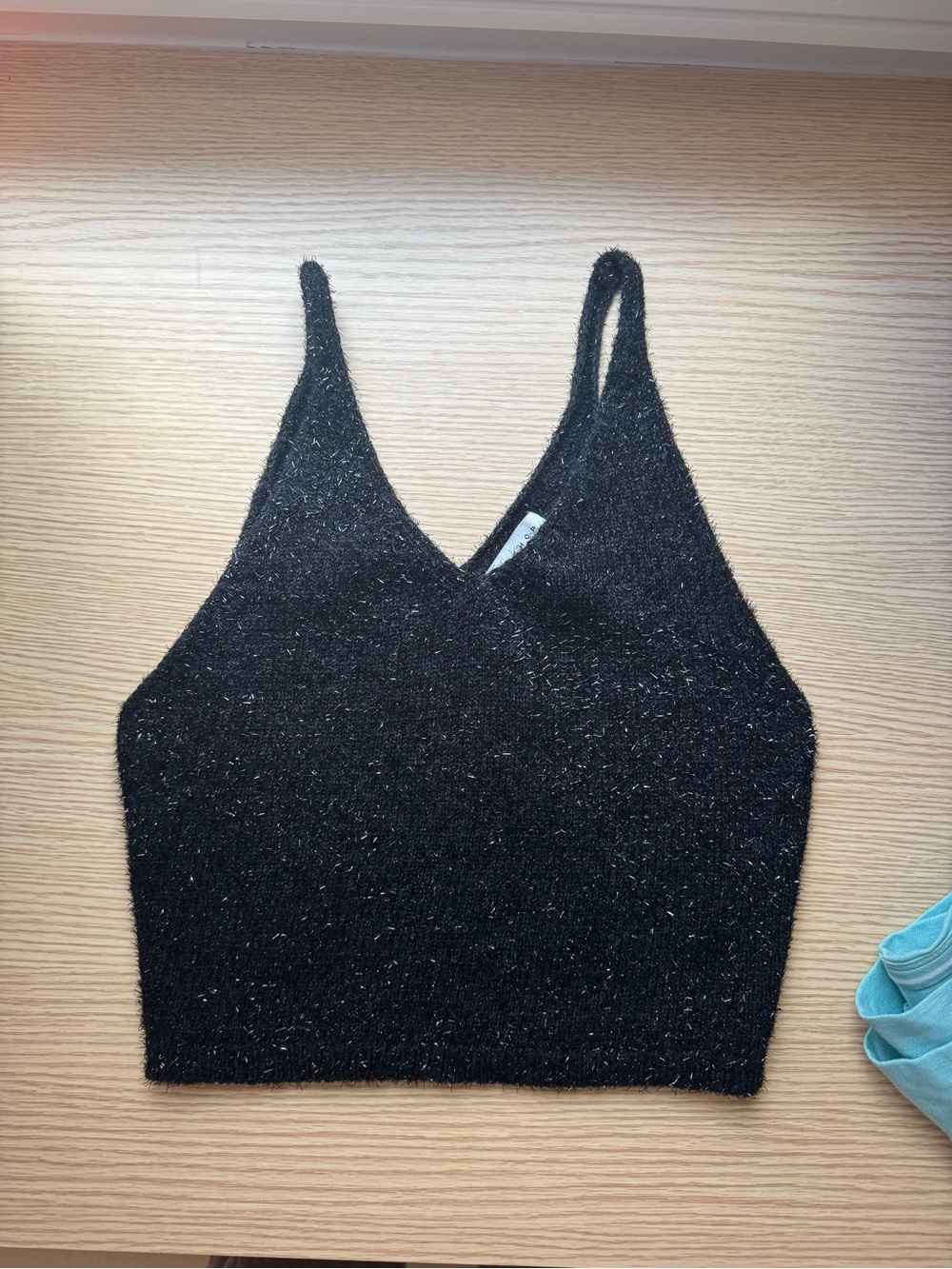 Topshop Black Metallic Knit V-Neck Cropped Tank